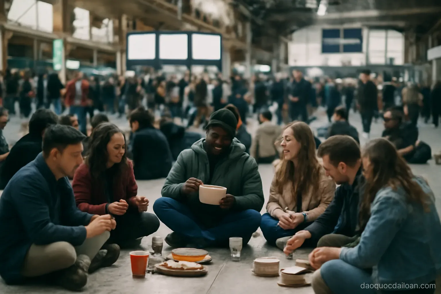A crowded station concourse where people sit on the floor in groups sharing food, no readable text