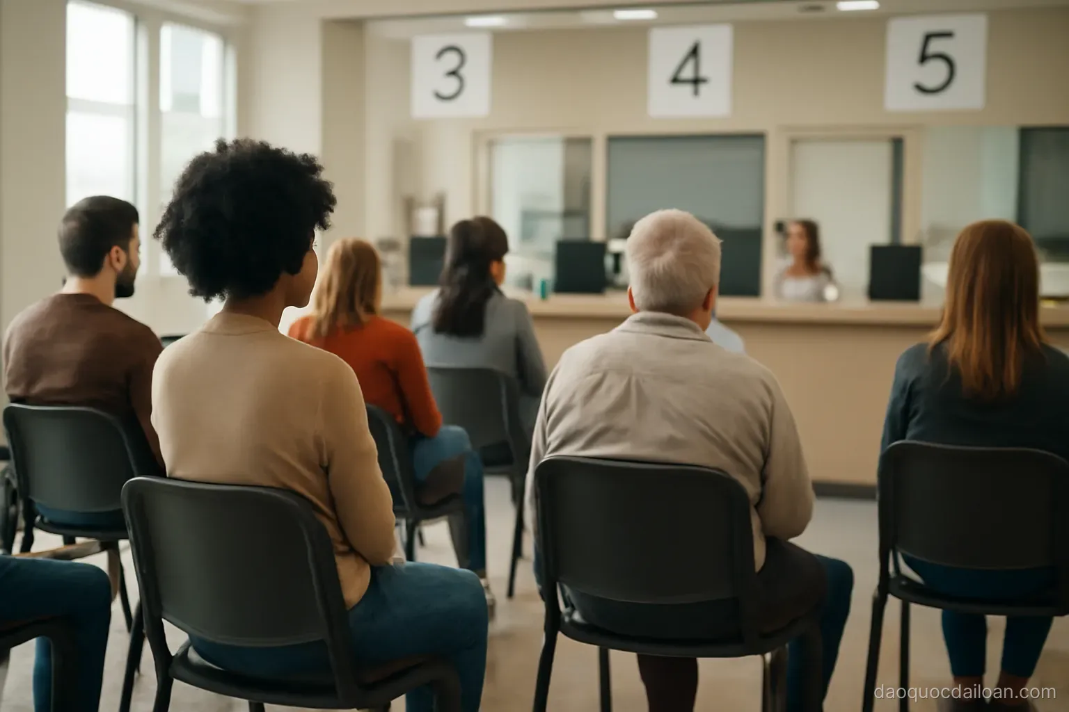 A group of people waiting in a public service office with numbered seats, daytime, no readable text