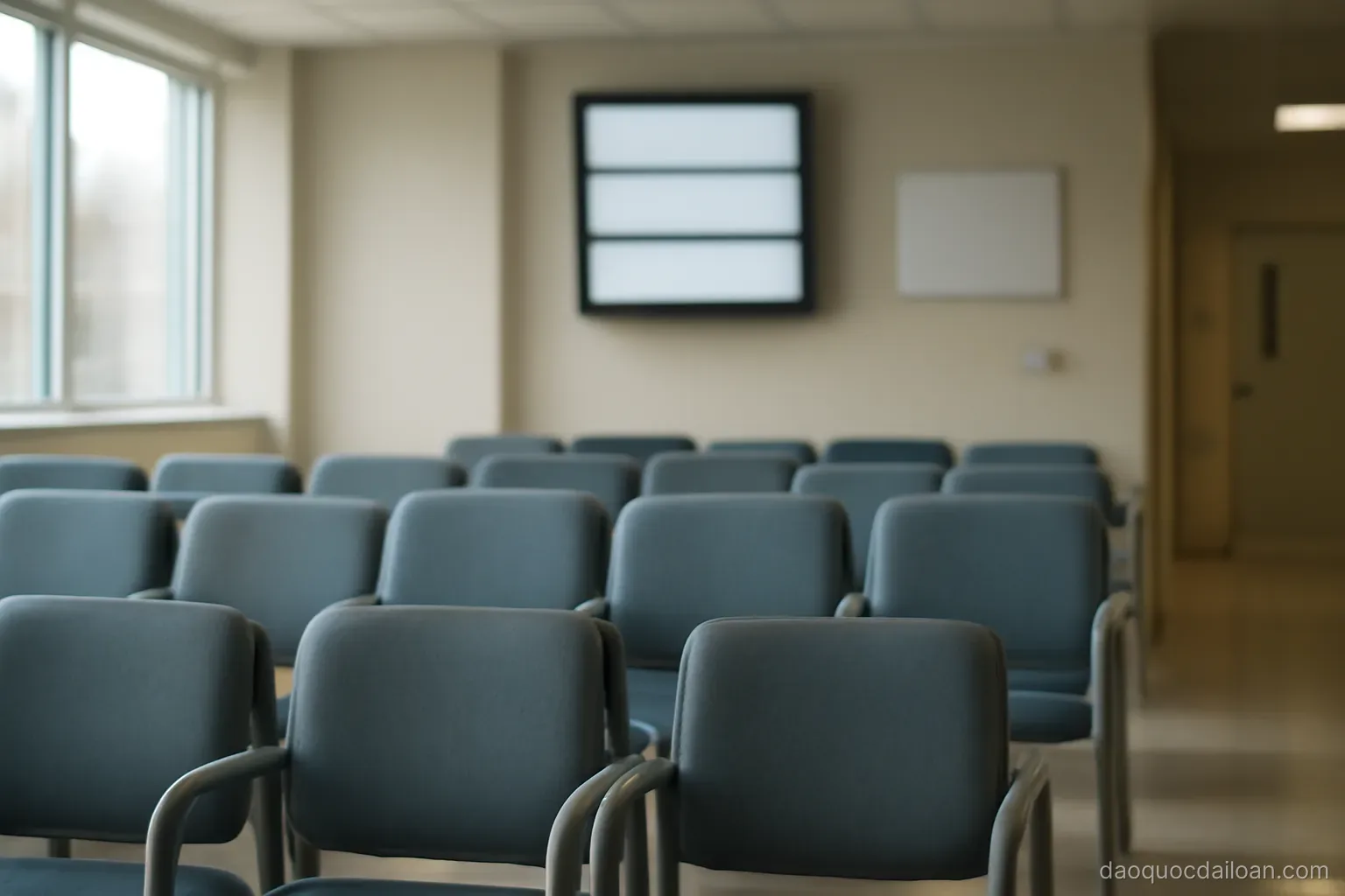 A hospital waiting area with rows of seats and a numbered display board, calm daytime lighting, no readable text