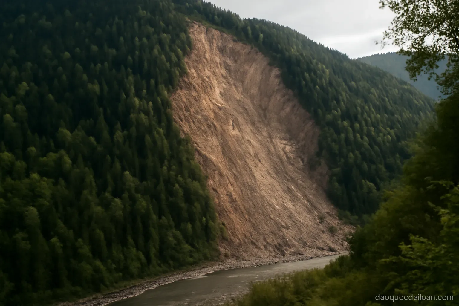 A mountainside with a huge bare landslide scar cutting through forest down to a river valley, no readable text