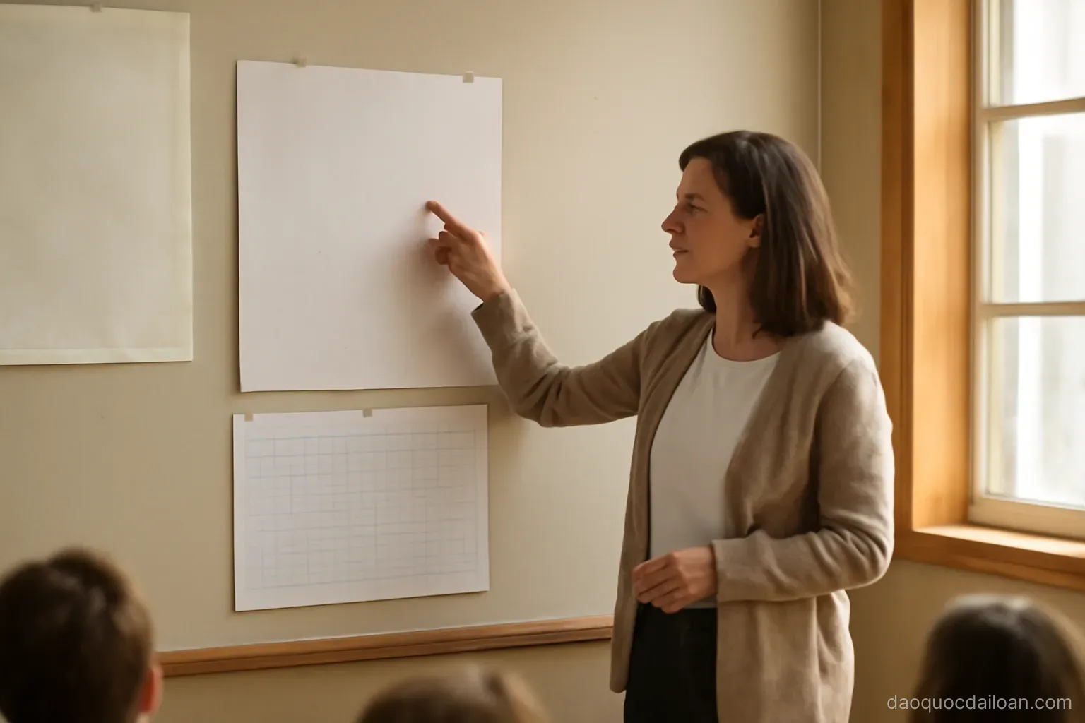 A classroom wall with hanging charts and a teacher pointing, warm daylight through windows, no readable text