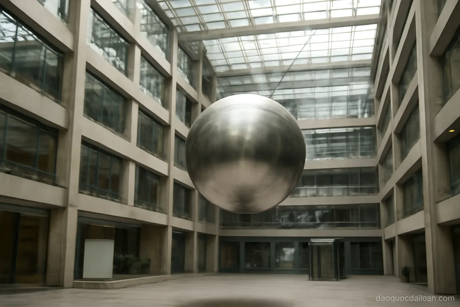 A tall building core with a large steel sphere suspended by cables inside an atrium, no readable text
