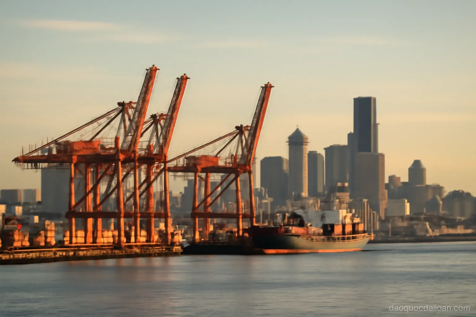 A harbour with container cranes lined along the water and a city skyline behind, late afternoon, no readable text