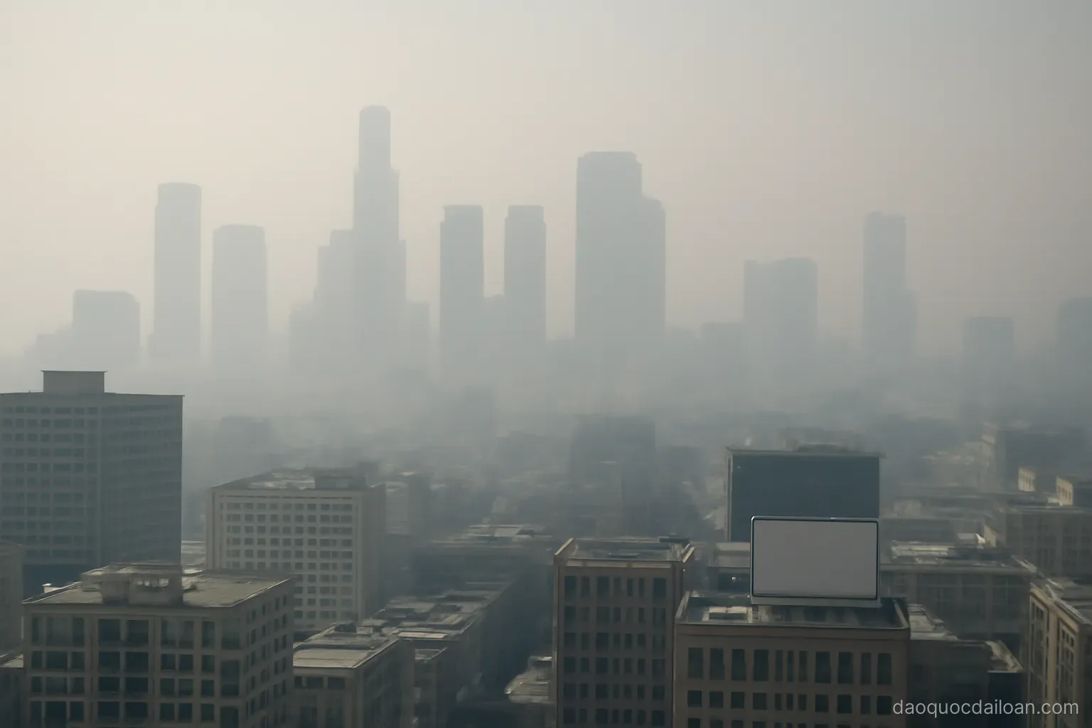 A hazy city skyline at midday with distant buildings fading into grey air, no readable text