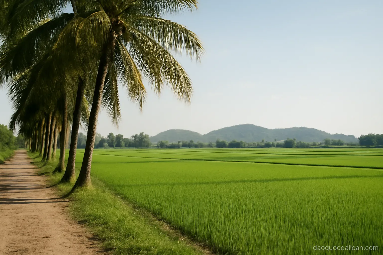 A wide flat rural landscape with palm trees on one side and paddy fields stretching to low hills, midday, no readable text