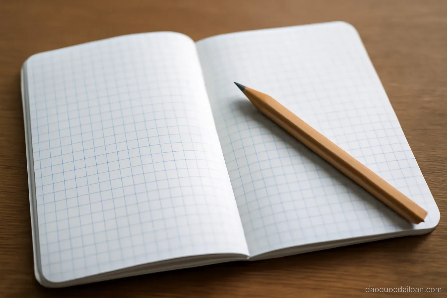A childs practice notebook with grid squares and a pencil resting on it, close overhead view, no readable text