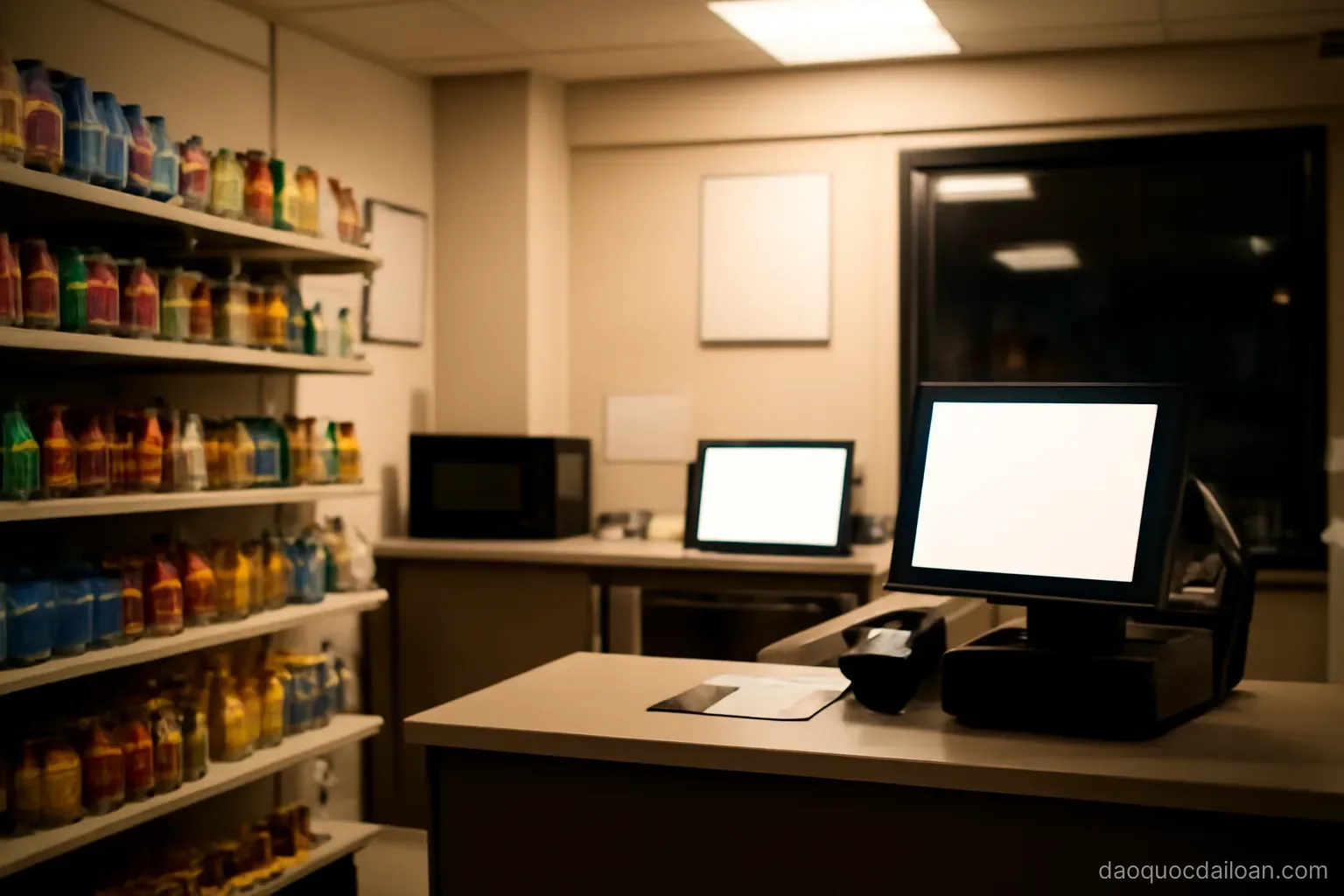 A brightly lit small shop interior at night with shelves and a counter with service machines, no readable text