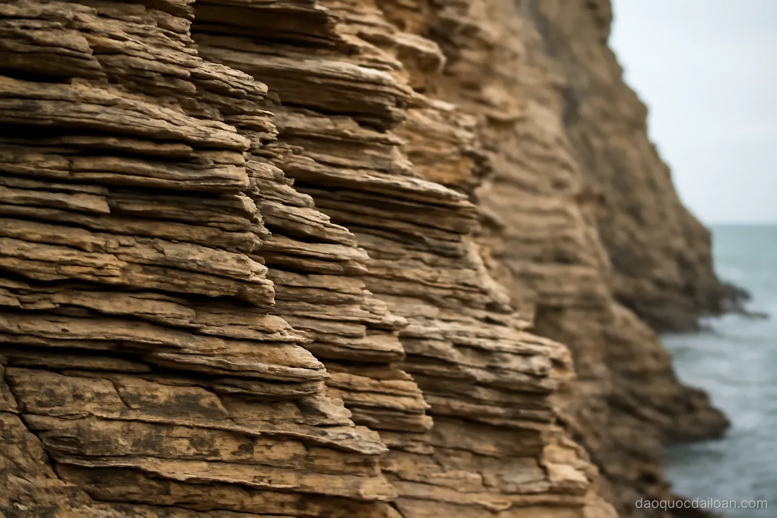 Layered folded rock strata exposed on a steep coastal cliff face, close view, no readable text
