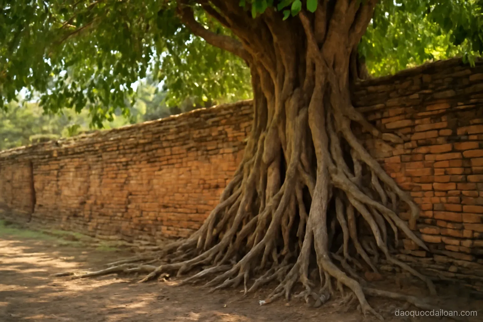 An old brick fort wall with a banyan tree growing over it, bright subtropical daylight, no readable text