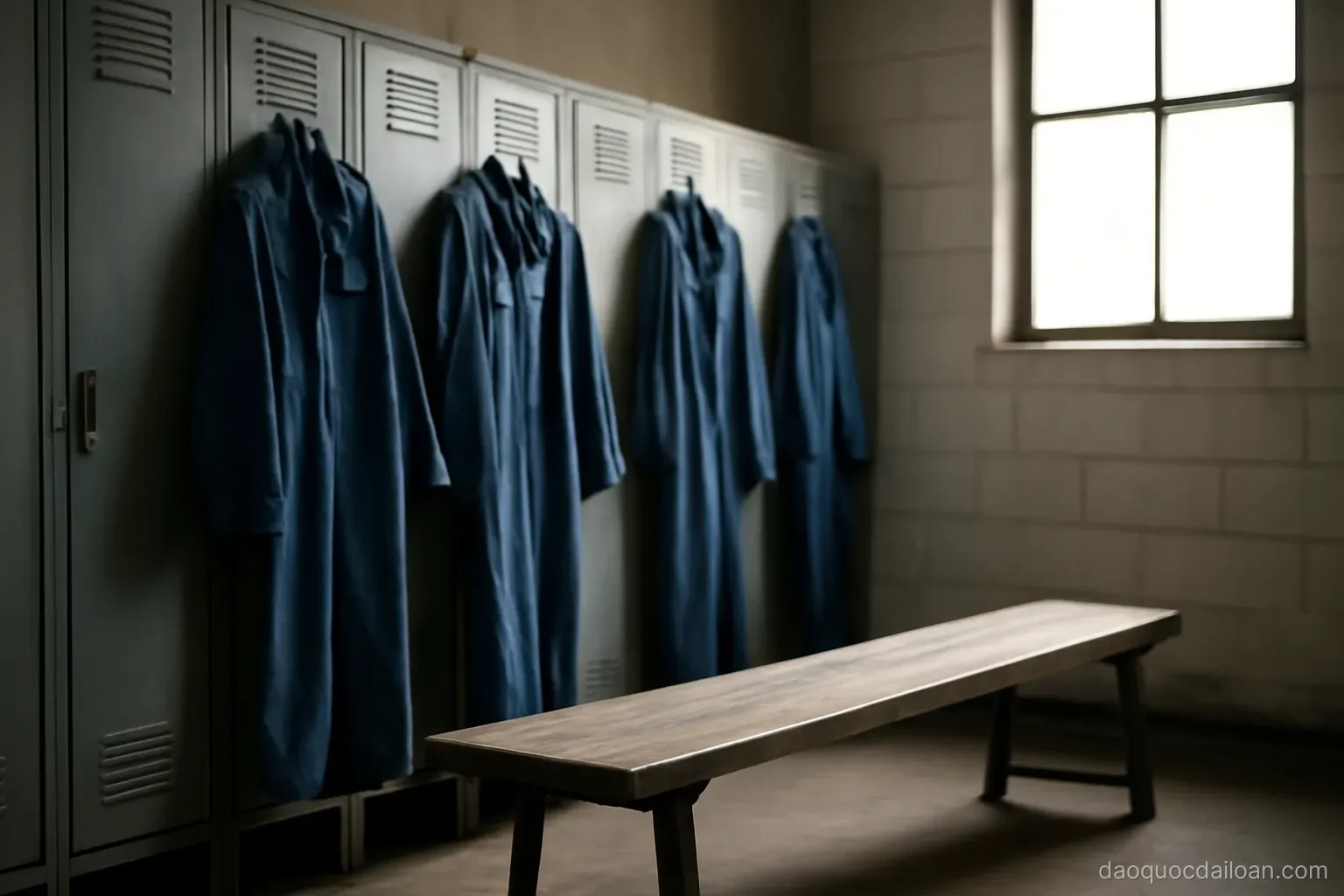 A factory locker room with work uniforms hanging and a bench, plain lighting, no readable text