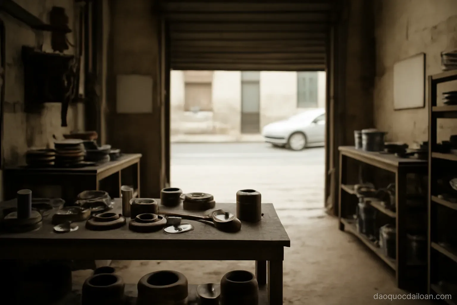 A small family workshop with metal parts on benches and a roller shutter half open to the street, no readable text