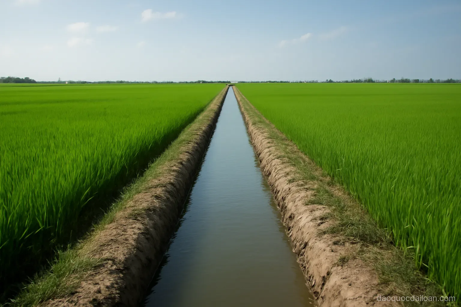 An irrigation canal running straight through flat green paddy fields under a wide sky, no readable text
