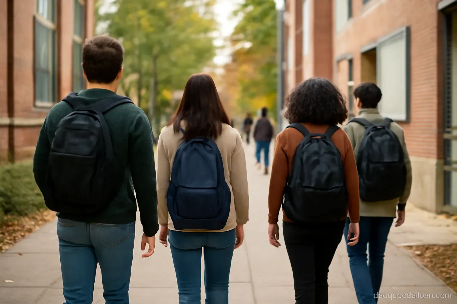 A university campus walkway with students carrying backpacks between buildings, no readable text