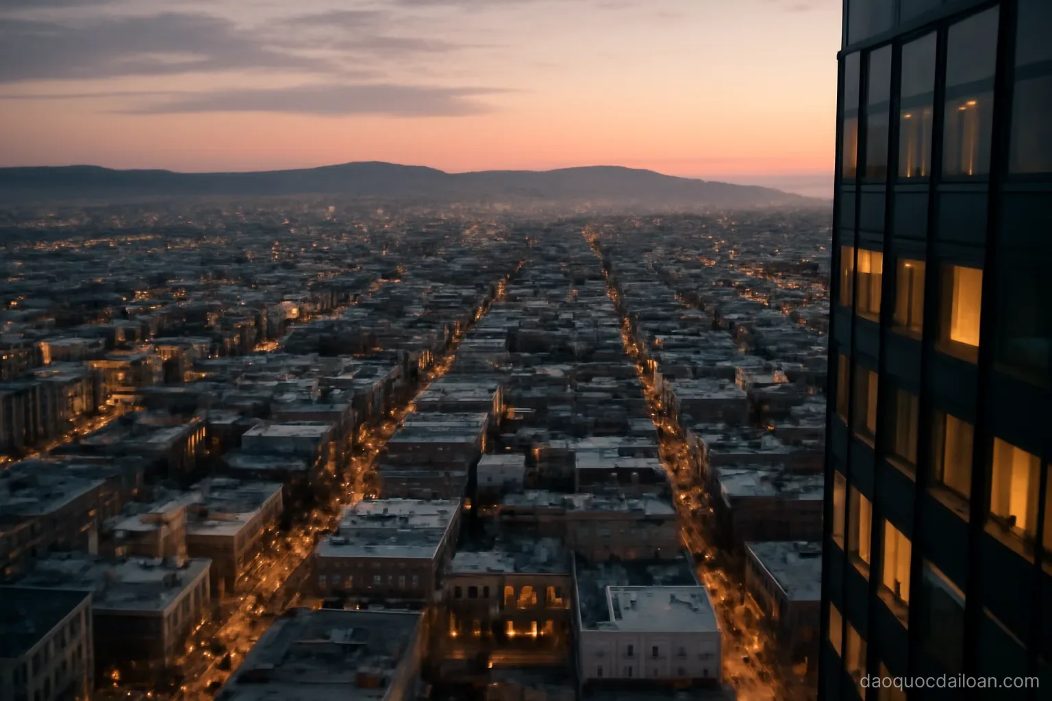 A dense low-rise city grid stretching to distant hills seen from a high building at dusk, no readable text