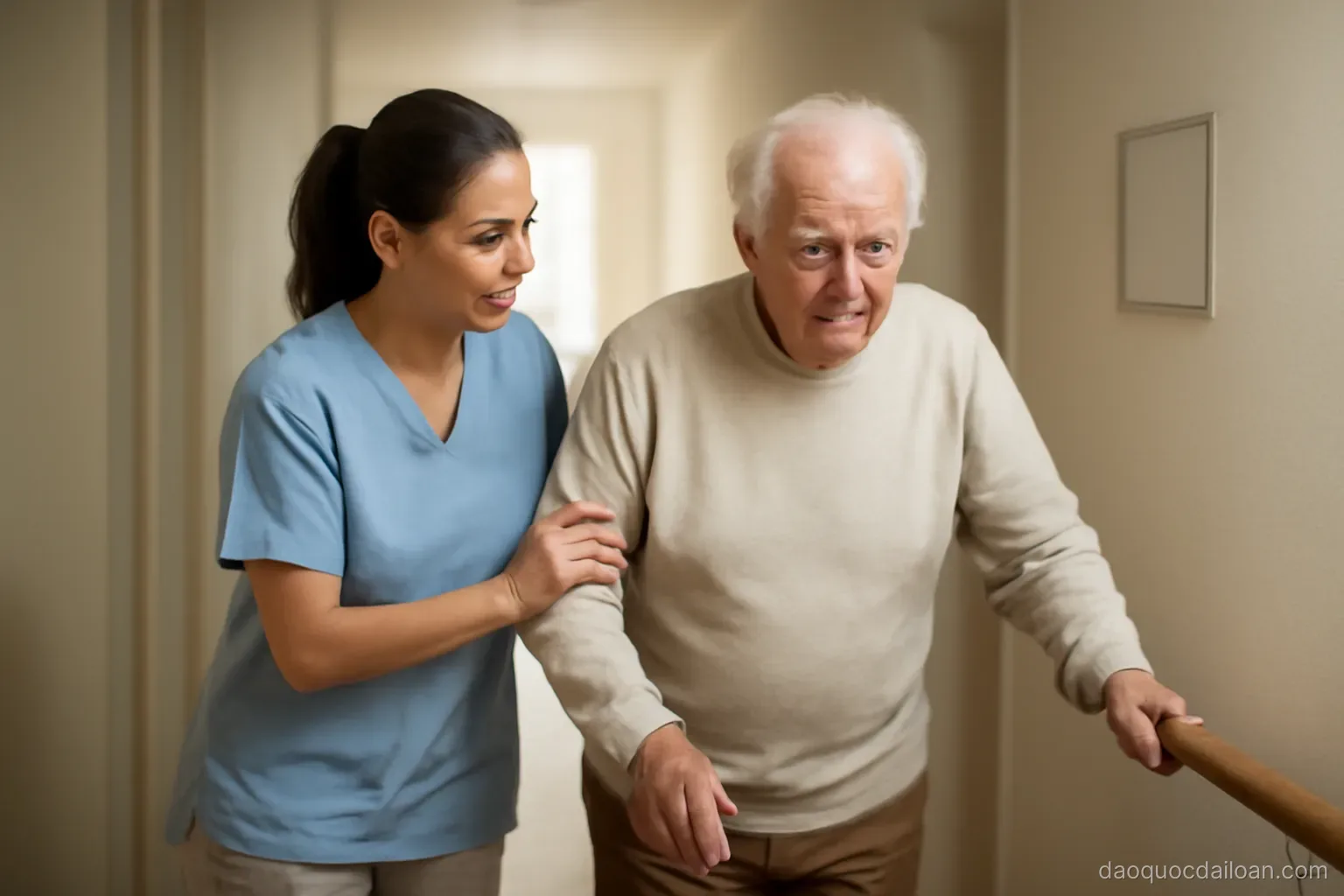 A caregiver helping an elderly person walk along a hallway holding a handrail, soft light, no readable text