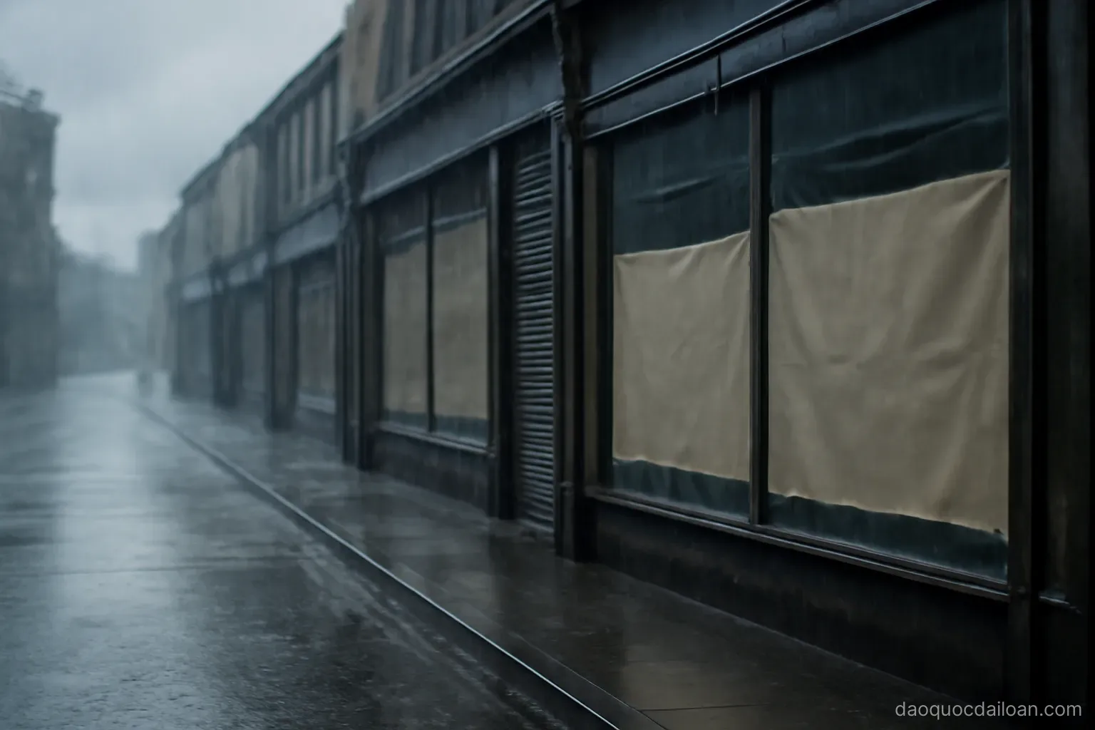Shop fronts taped up with rain lashing an empty street, grey stormy daylight, no readable text