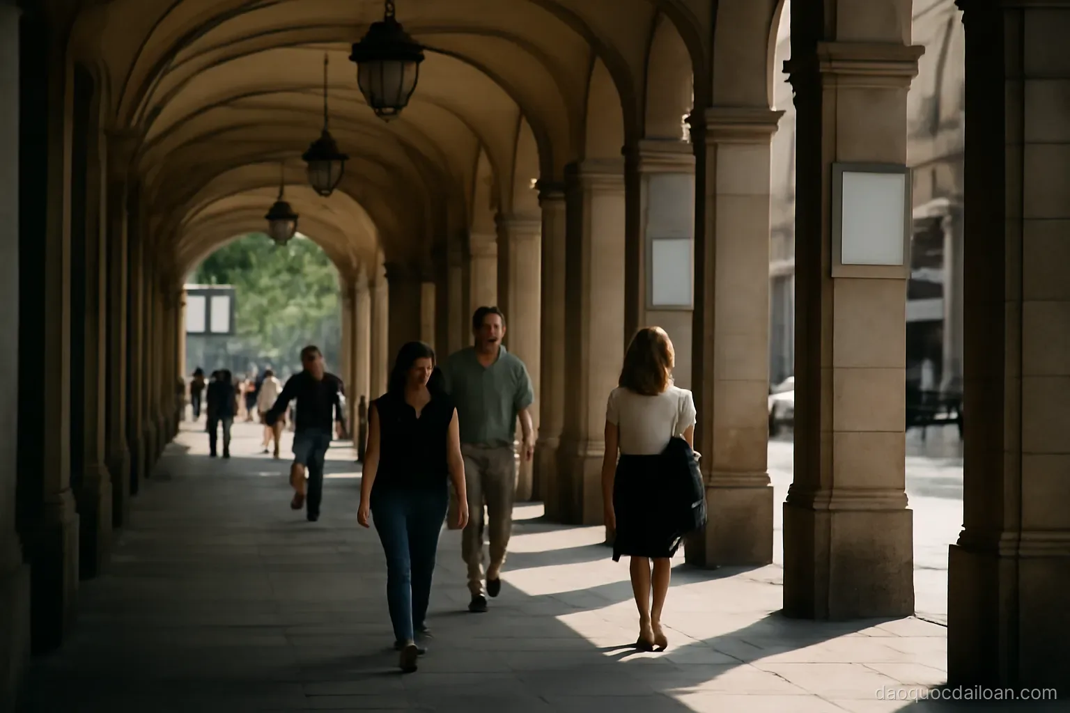 A shaded arcade along a city street with people walking out of the midday glare, no readable text
