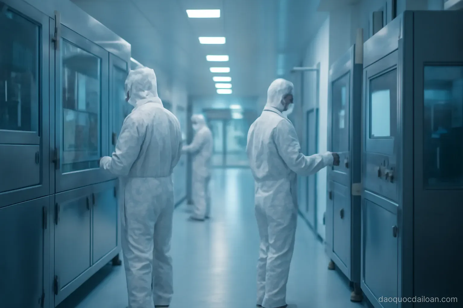 A cleanroom corridor with workers in full coveralls beside large sealed machines, cool blue lighting, no readable text