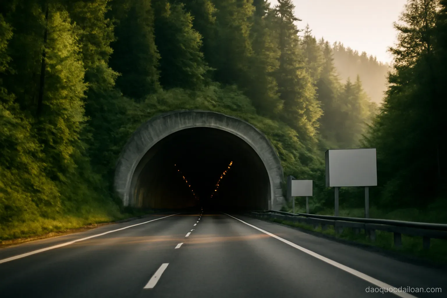 A tunnel entrance cut into a forested mountainside with a highway leading in, morning light, no readable text