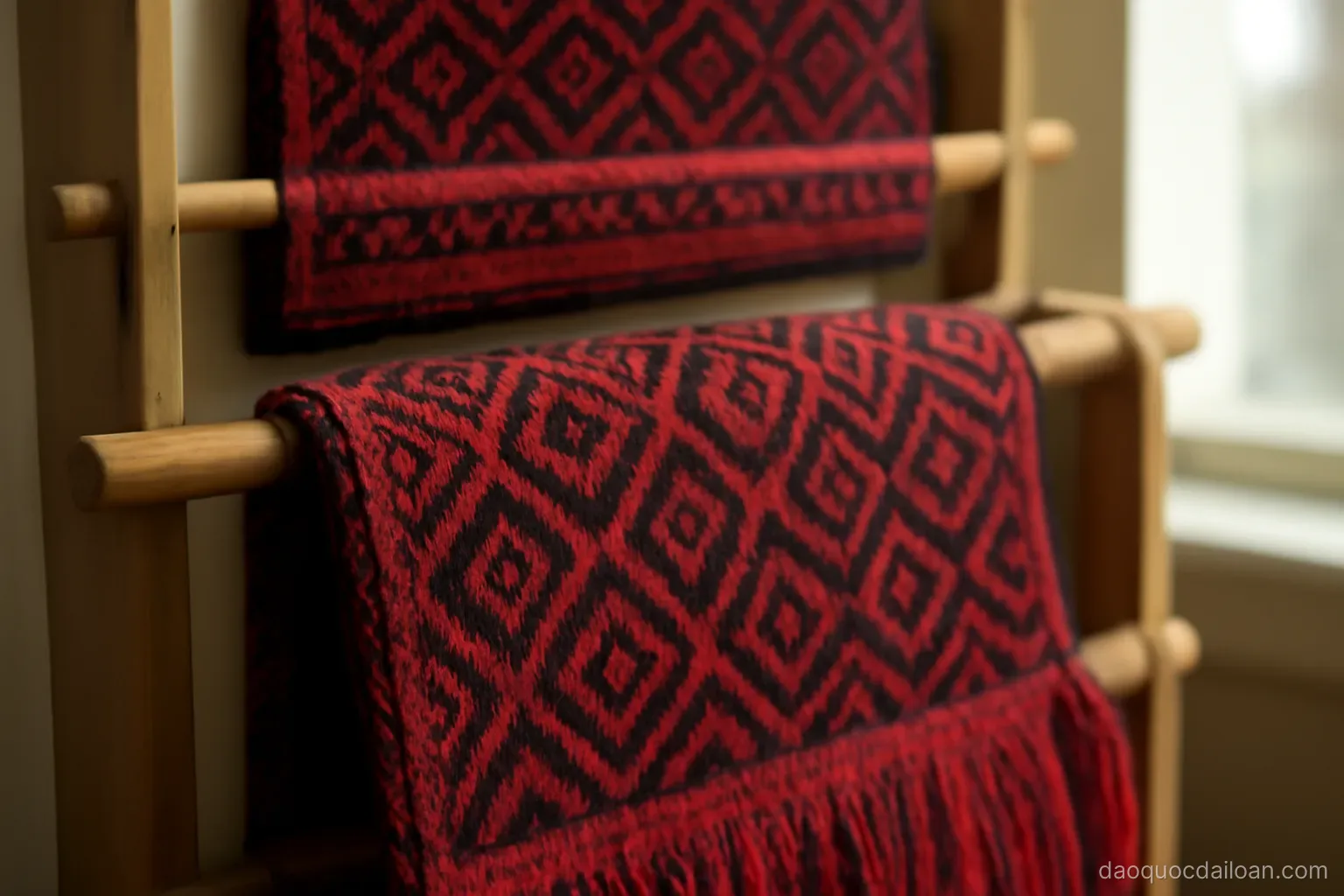 Woven textile patterns in red and black displayed on a wooden rack, close natural light, no readable text