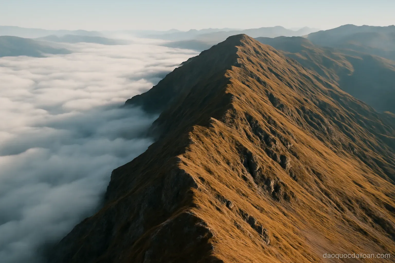 A long mountain ridge seen from above with cloud filling the valleys on one side, aerial view, no readable text
