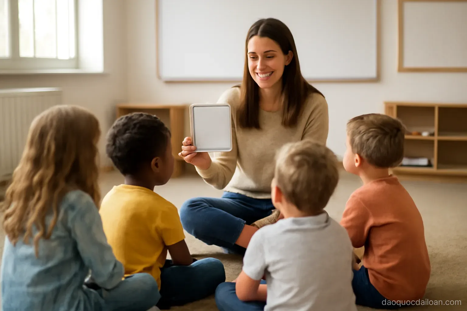 Children sitting in a circle on a classroom floor with a teacher holding up a picture card, no readable text