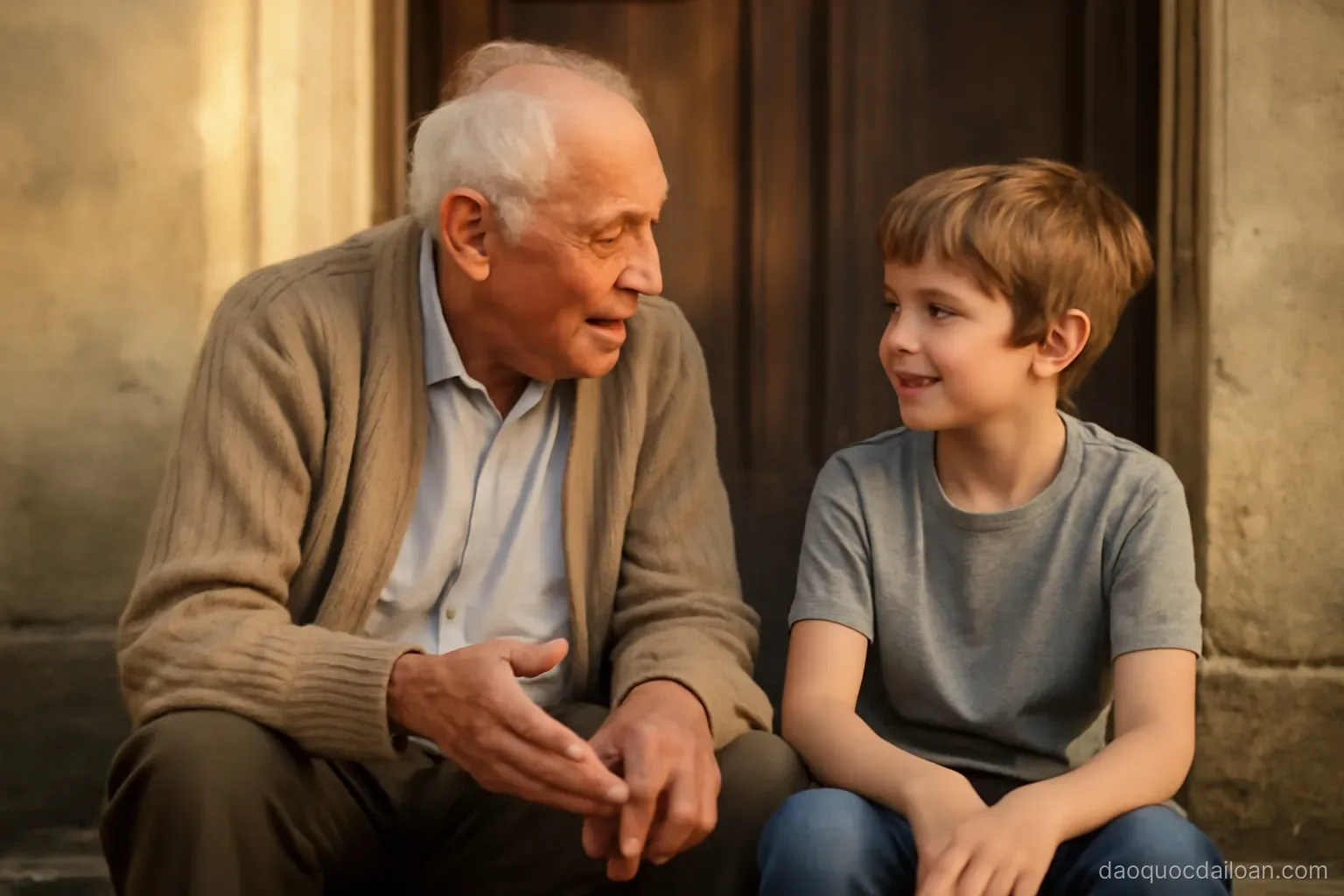 An elderly person and a child sitting together on a doorstep talking, soft late afternoon light, no readable text