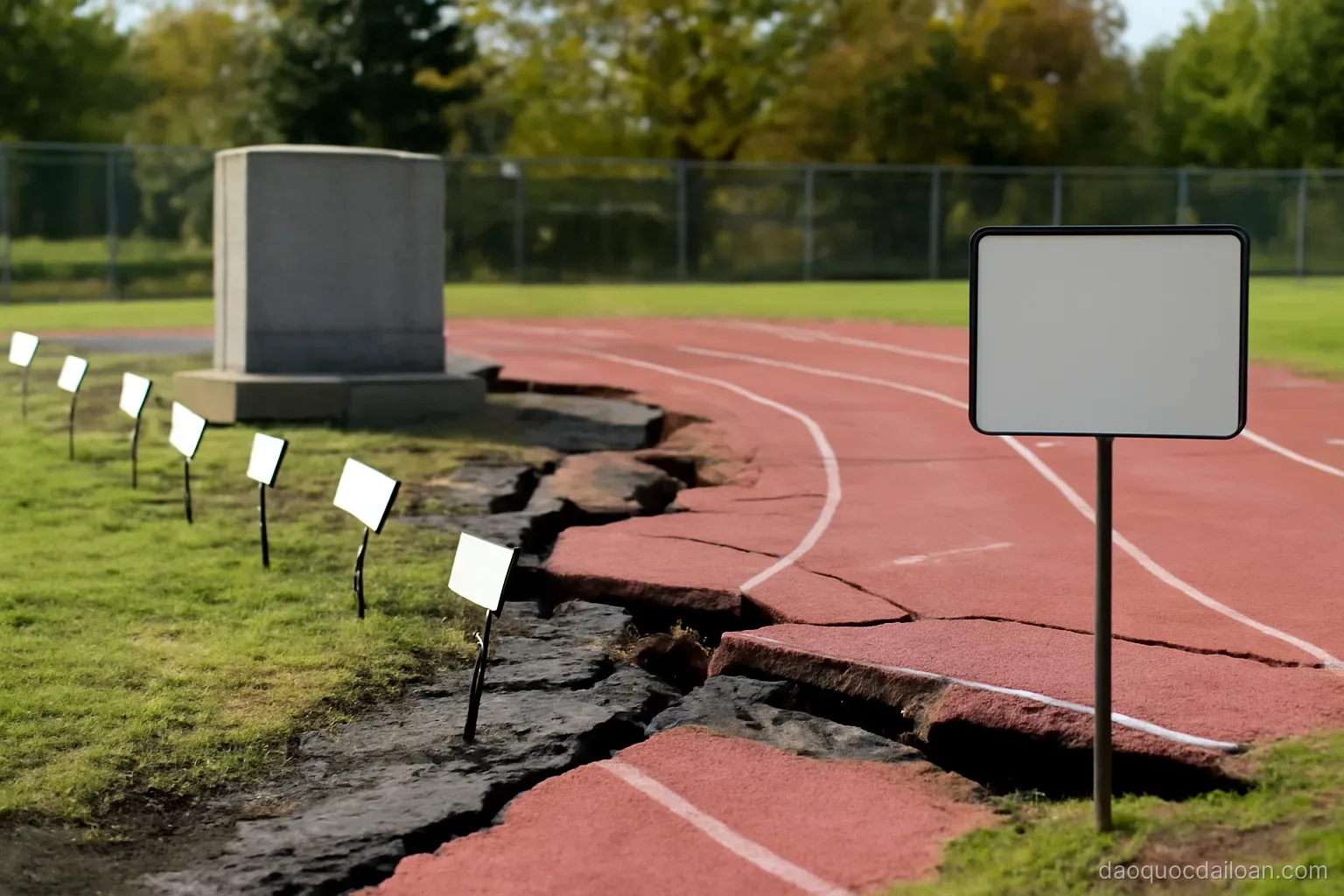 A memorial site preserving a fractured school running track buckled by ground movement, daylight, no readable text