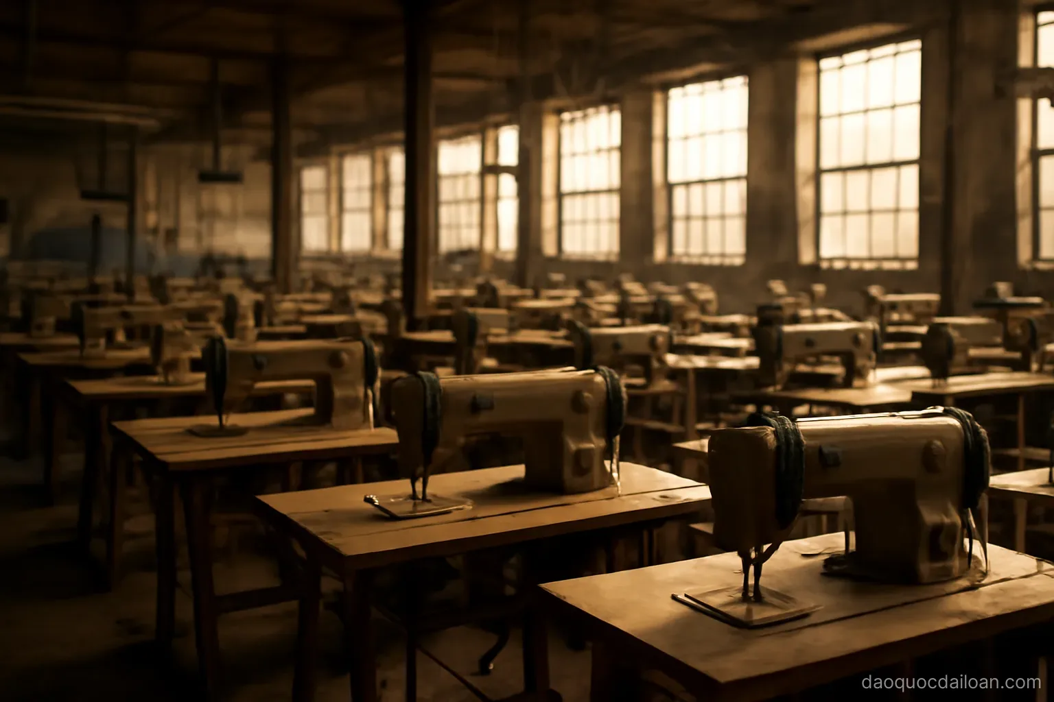 An old factory floor with rows of industrial sewing machines, warm afternoon light through high windows, no readable text