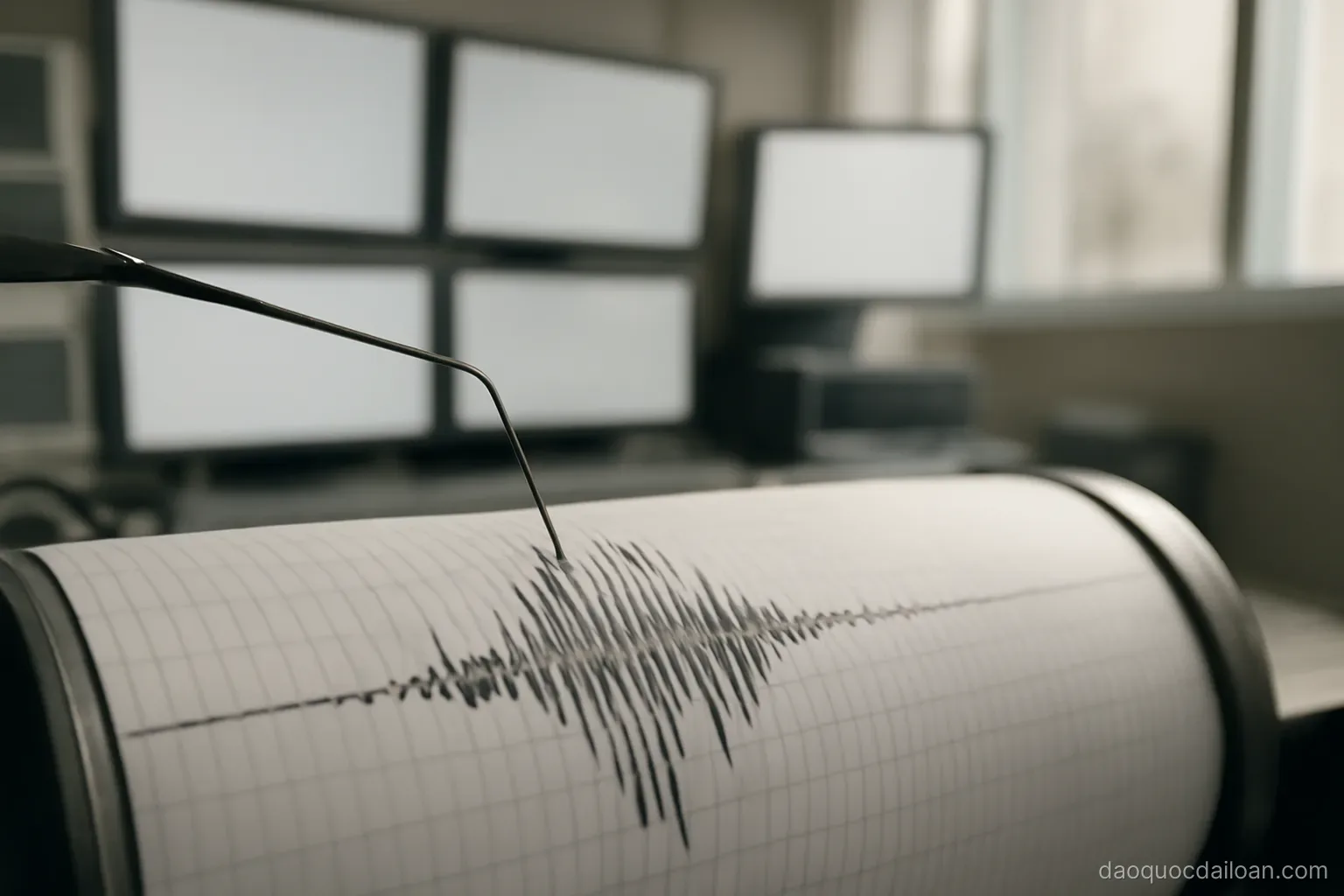 A seismograph needle tracing lines on rolling paper in a monitoring room, close view, no readable text